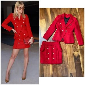 Balmain Style Red Tweed Skirt and Blazer Suit Size 4
